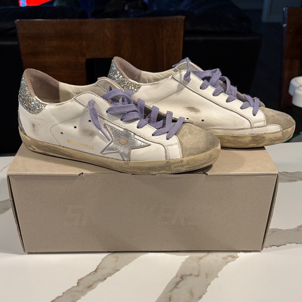 Golden Goose White and Silver Sneakers with Purple Laces